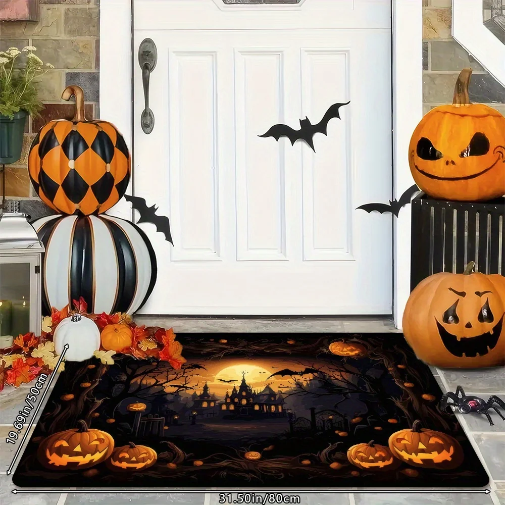 1pc Halloween Doormat - Spooky Pumpkin Haunted House Design with Bats & Moon, Soft Absorbent Polyester Non-Slip PVC Backing, Mac