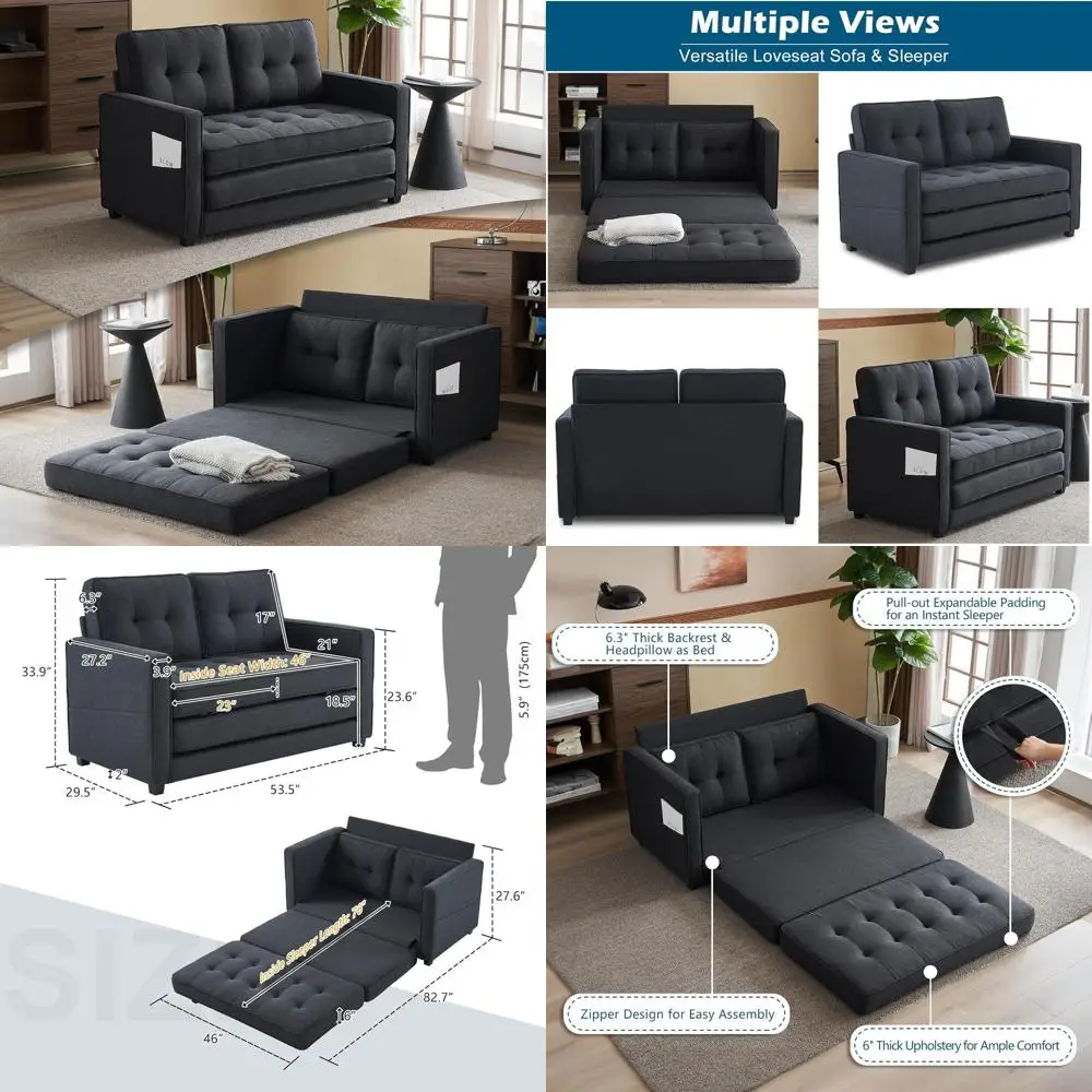53.5 W x 83 L Black Convertible Sofa Bed for Living Rooms, Small Spaces, or Gaming Areas