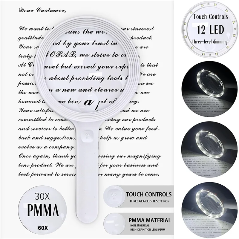 30X 60X Magnifying Glass With 12LED Lights And Stand,Lluminated Magnifier Reading Magnifying Glass With For Seniors Readab13