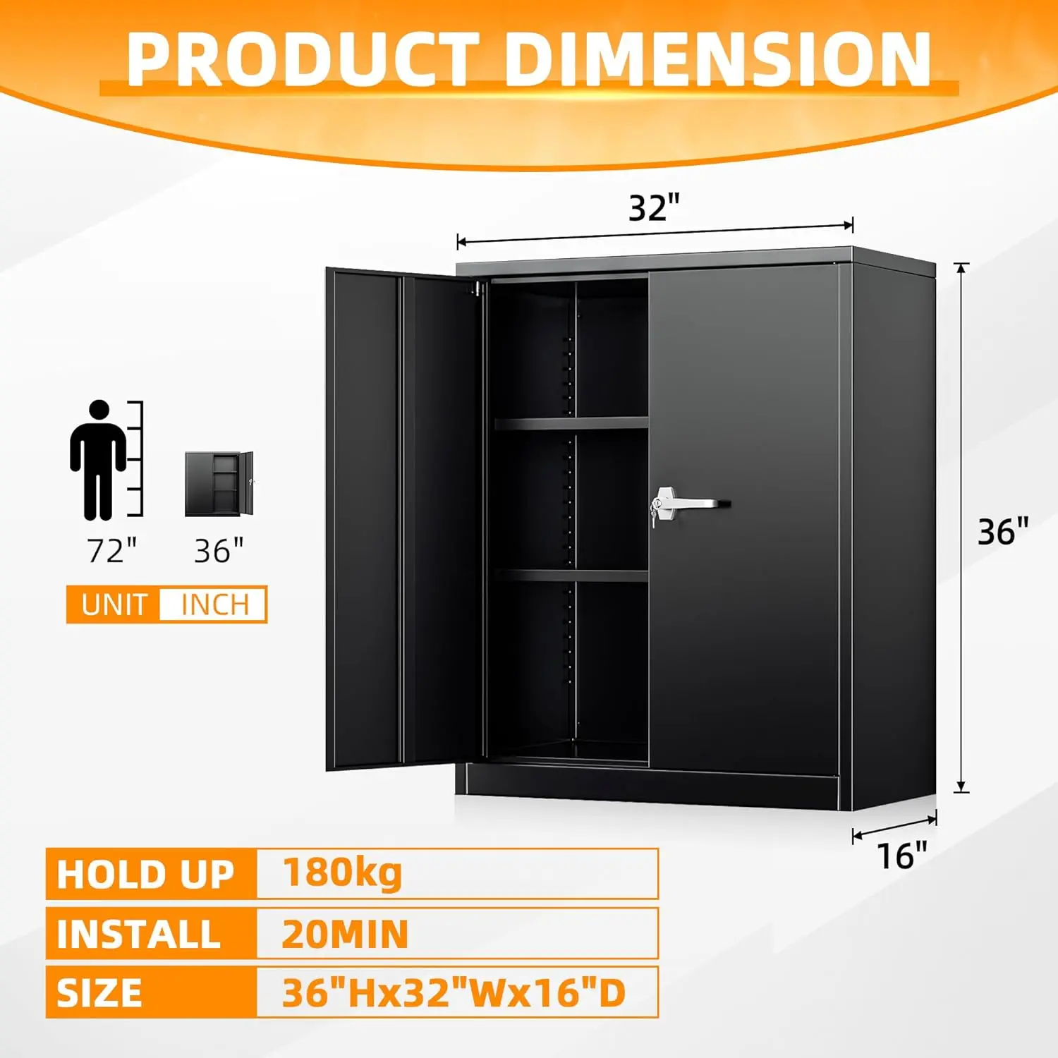 Kabinet penyimpanan logam dengan pintu pengunci, Kabinet dapat dikunci dengan 2 pintu dan rak, Kabinet hitam dengan kunci