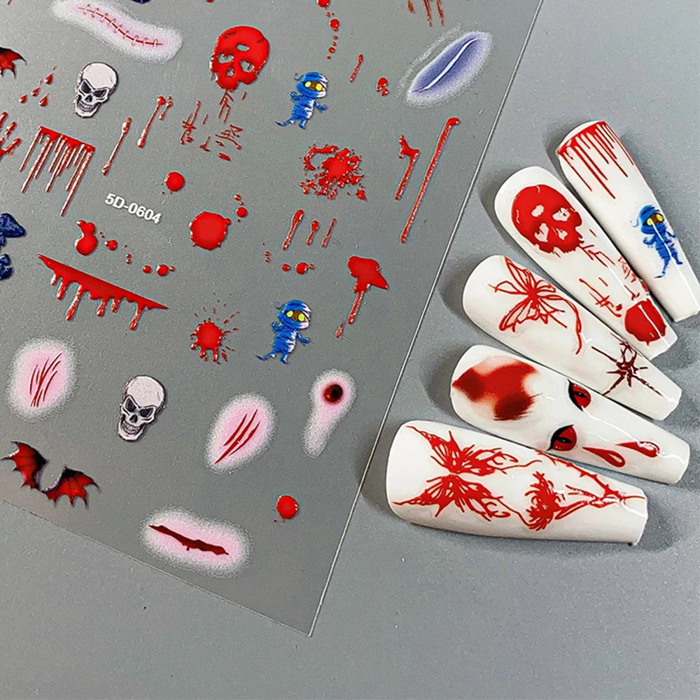 5D 할로윈 네일 아트 스티커 엠보싱 레드 블러드 스카 스컬 배트 디자인 네일 데칼 타투 슬라이더 매니큐어 호러 데칼 용품