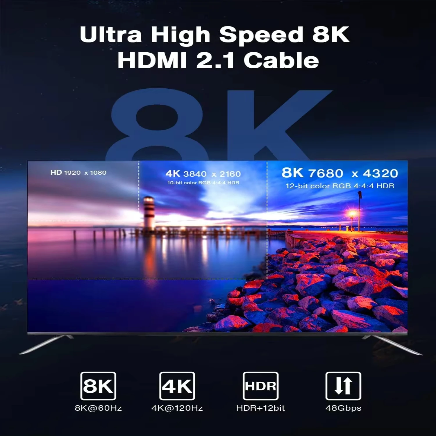 8K  2.1 Cable High Speed 48Gbps  Braided Cord-8K60Hz 4K120Hz Compatible  PS5/PS4/X-Box/ TV/HDTV/Blu-ray