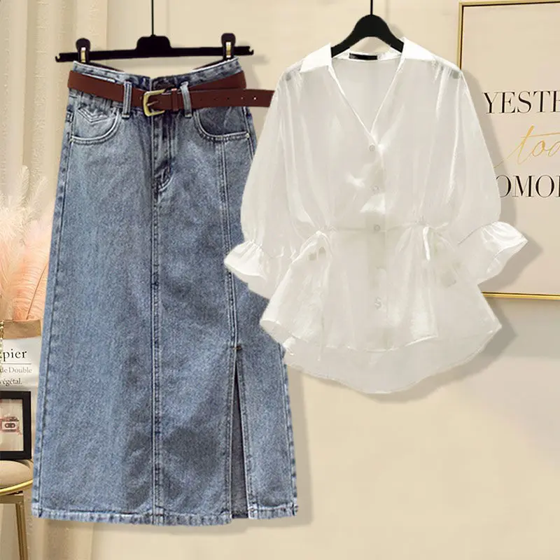 Large Size Spring and Summer Suit Women 2022 New Design Sense of Foreign Style Shirt Thin Denim Skirt Two Piece Set Women's Suit