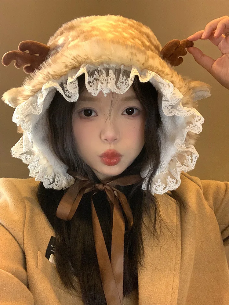 Japanese Winter Women's Furry Windproof Pullover Bomber Hat for Girl Plush Lace Trimed Ear Protection Christmas Hat Gorras