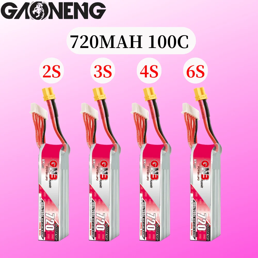 

Gaoneng GNB 720mAh 2S/3S/4S/6S 100C 7.6V/11.4V/15.2V/22.8V Lipo Battery With XT30U-F Plug for RC FPV Racing Drone