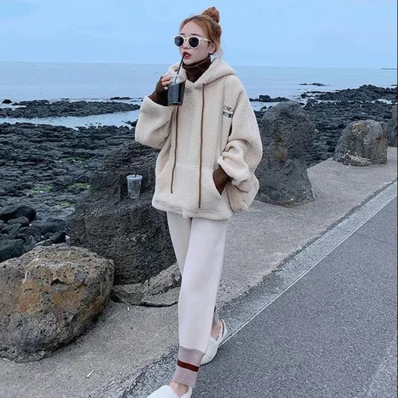 Imitation Lamb Wool Suit Women\'s Autumn and Winter Korean Version Loose Fake Two-piece Top Woolen Pants Two-piece Set Trendy