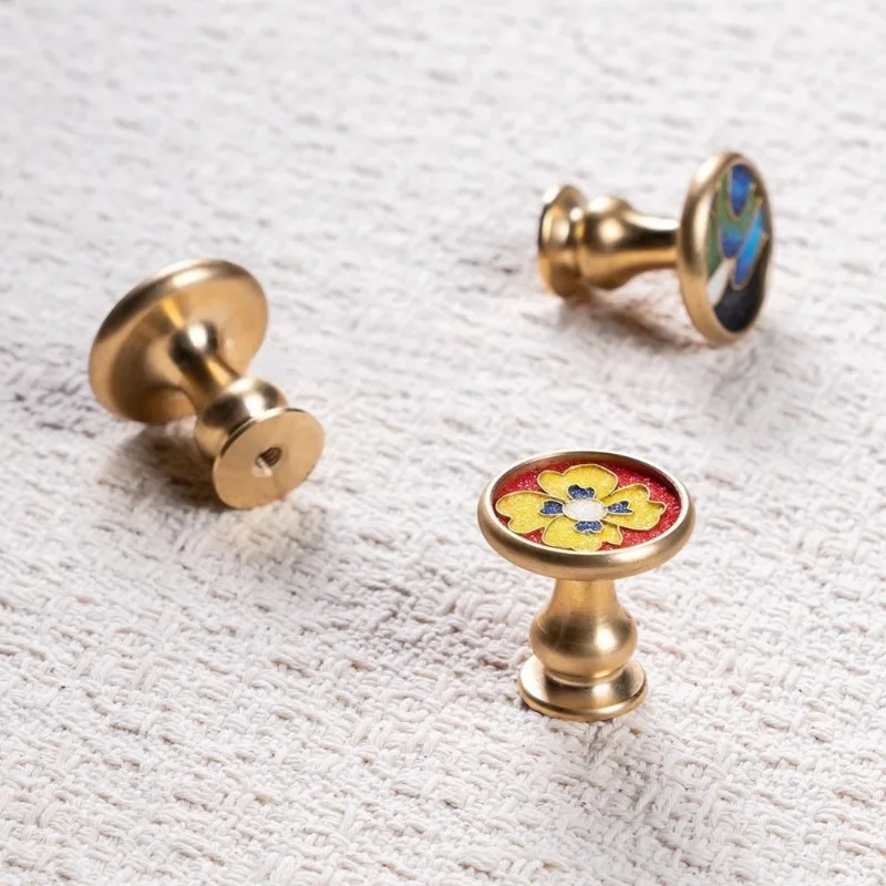 Retro round brass handle advanced enamel Chinese hardware handle solid brass cabinet door handle.