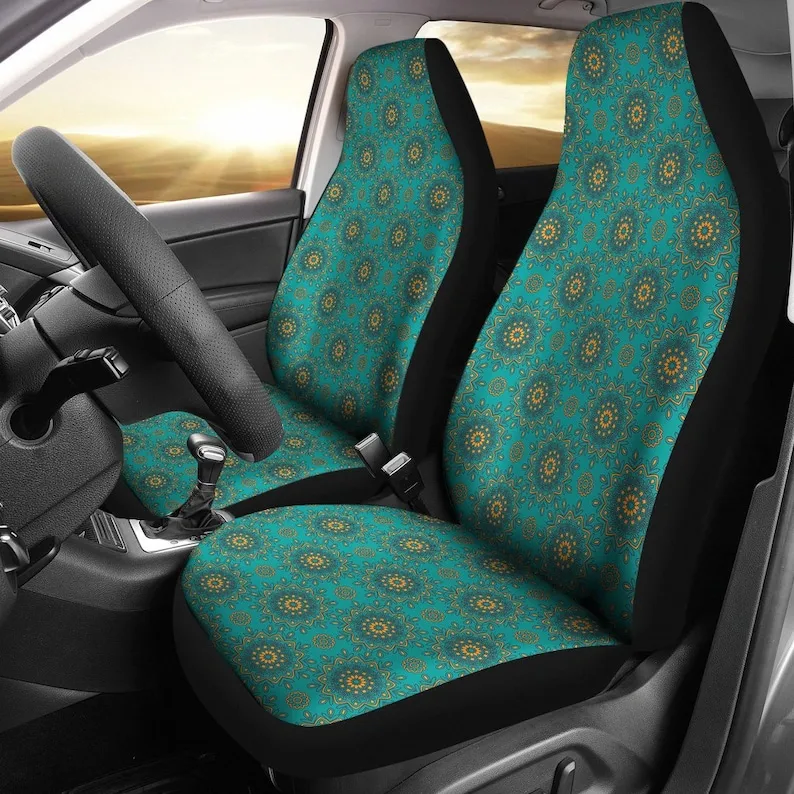 Turquoise Teal Green With Yellow Gold Mandala Pattern Car or SUV Seat Covers Universal Fit For Bucket Seats Hippie Boho Style Pa