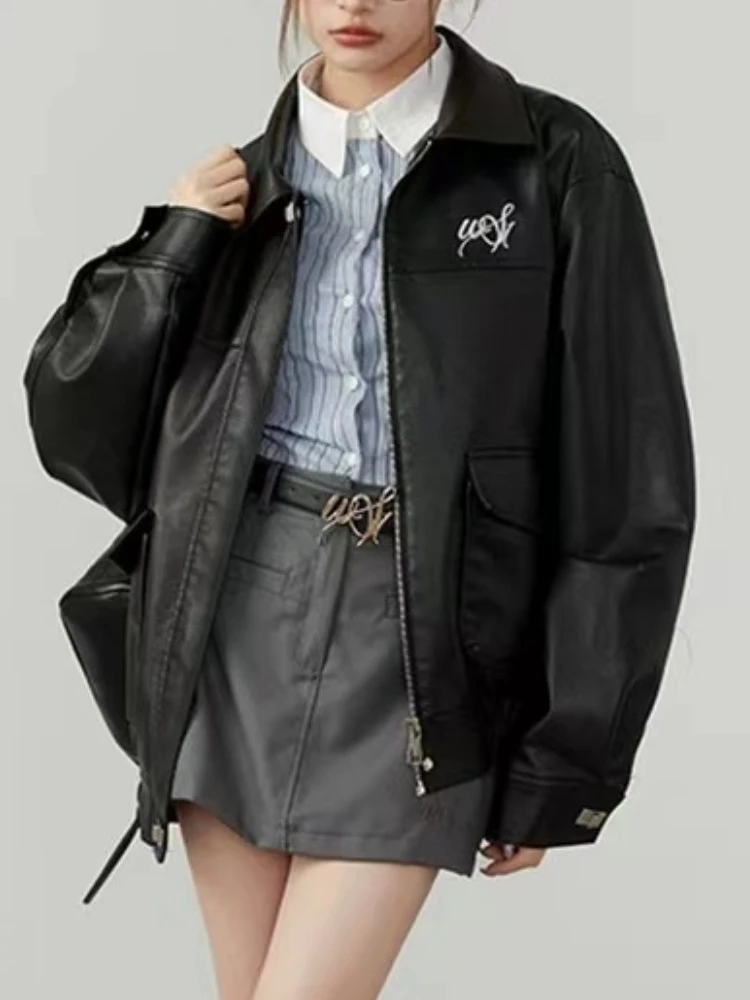 Chaqueta de cuero negro con cremallera para mujer, abrigo de motorista de moda Punk coreana, ropa de calle suelta, abrigo de cuero de diseñador