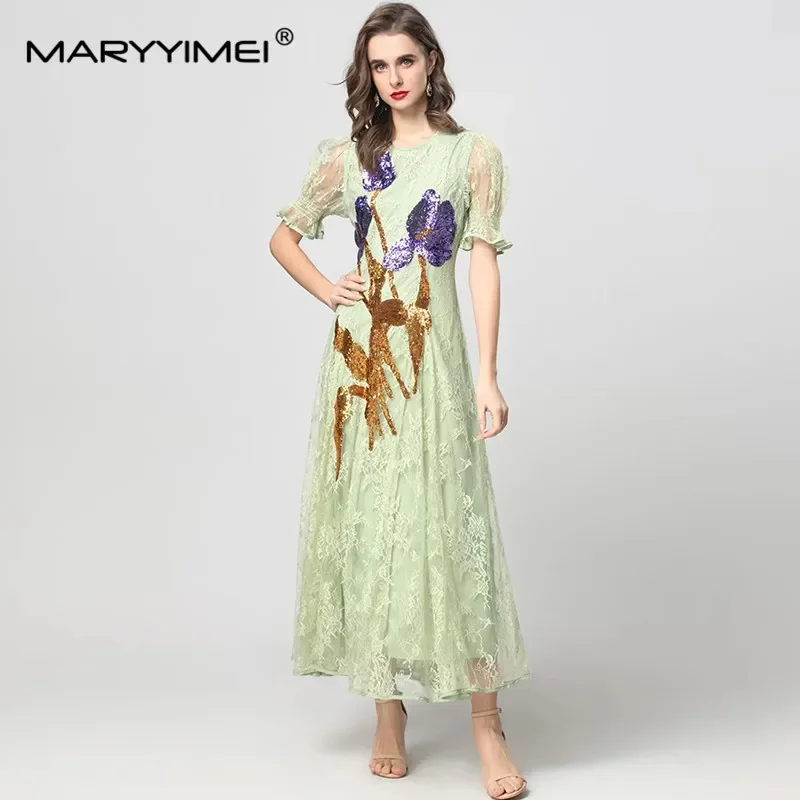 

MARYYIMEI Women's Elegant Party Dress Spring Autumn Short-Sleeved Lace Sequins Hollow Out Ball Gown Dresses