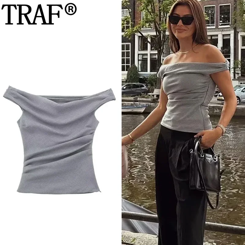 TRAF Ruched Grey Crop Top Women Off Shoulder Youth Blouses Woman Sleeveless Pleated Cropped Blouse Female Striped Bodycon Top