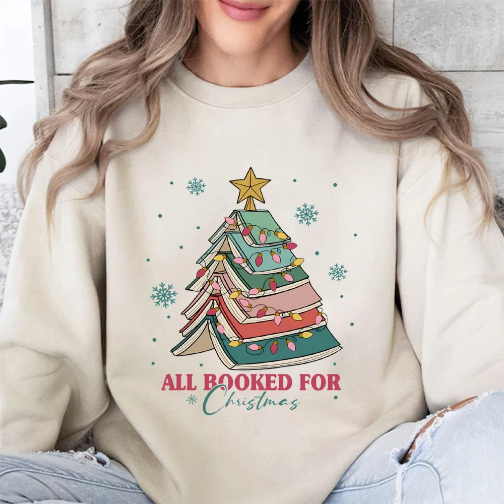 All Booked For Christmas Shirt Gift for Librarian,Bookworm Christmas Book Tree Sweater, Book Lovers Merry Christmas Sweatshirt