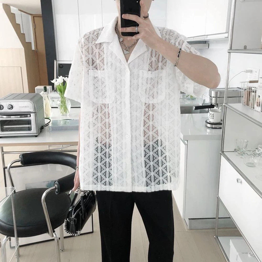 

Summer New Men's Solid Color Hollow Short-Sleeved Shirt Sexy Retro Fashion Trend Leisure Loose Breathable Niche Men's Tops