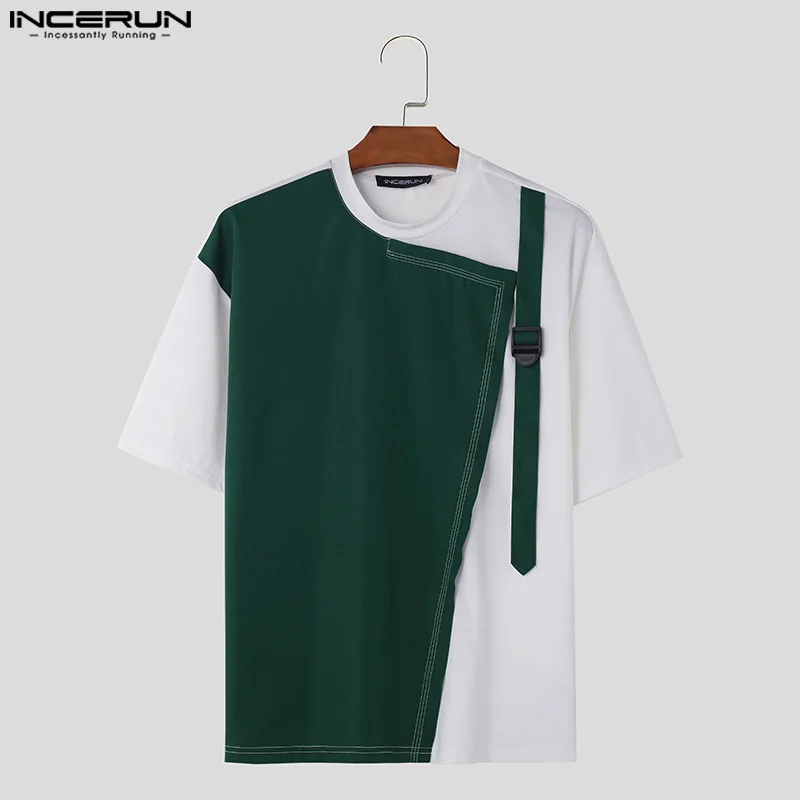 2024 Men T Shirt Patchwork O-neck Short Sleeve Streetwear Casual Men Clothing Loose Summer Fashion Male Tee Tops S-5XL INCERUN