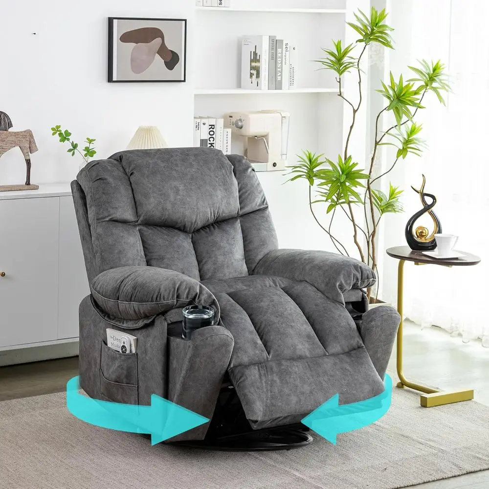 Gray Manual Lounge Chair with Swivel Glider, Overstuffed Rocker Recliner, Adjustable Armrests, and Hidden Cup Holder, Supports U