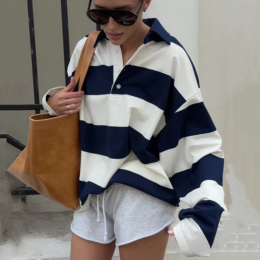 Linad Casual Blue Stripe Lapel Tees Female 2026 Street Chic Knit Long Sleeve T Shirts Women Vintage Loose Polo Shirts Buttons