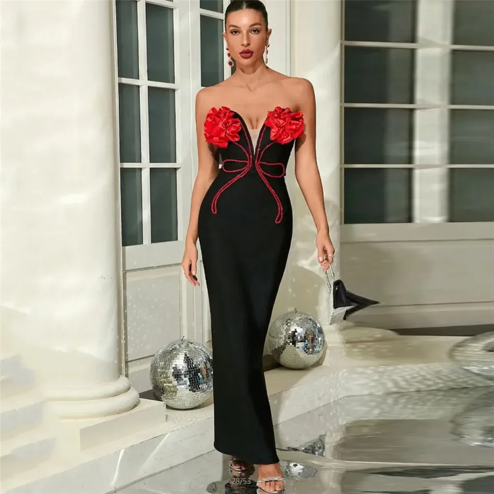 Red Strapless Flower Appliques Sexy Diamond Bodycon Bandage Mermaid Dress Sexy Maxi Celebrity Evening Runway Party Club Dress
