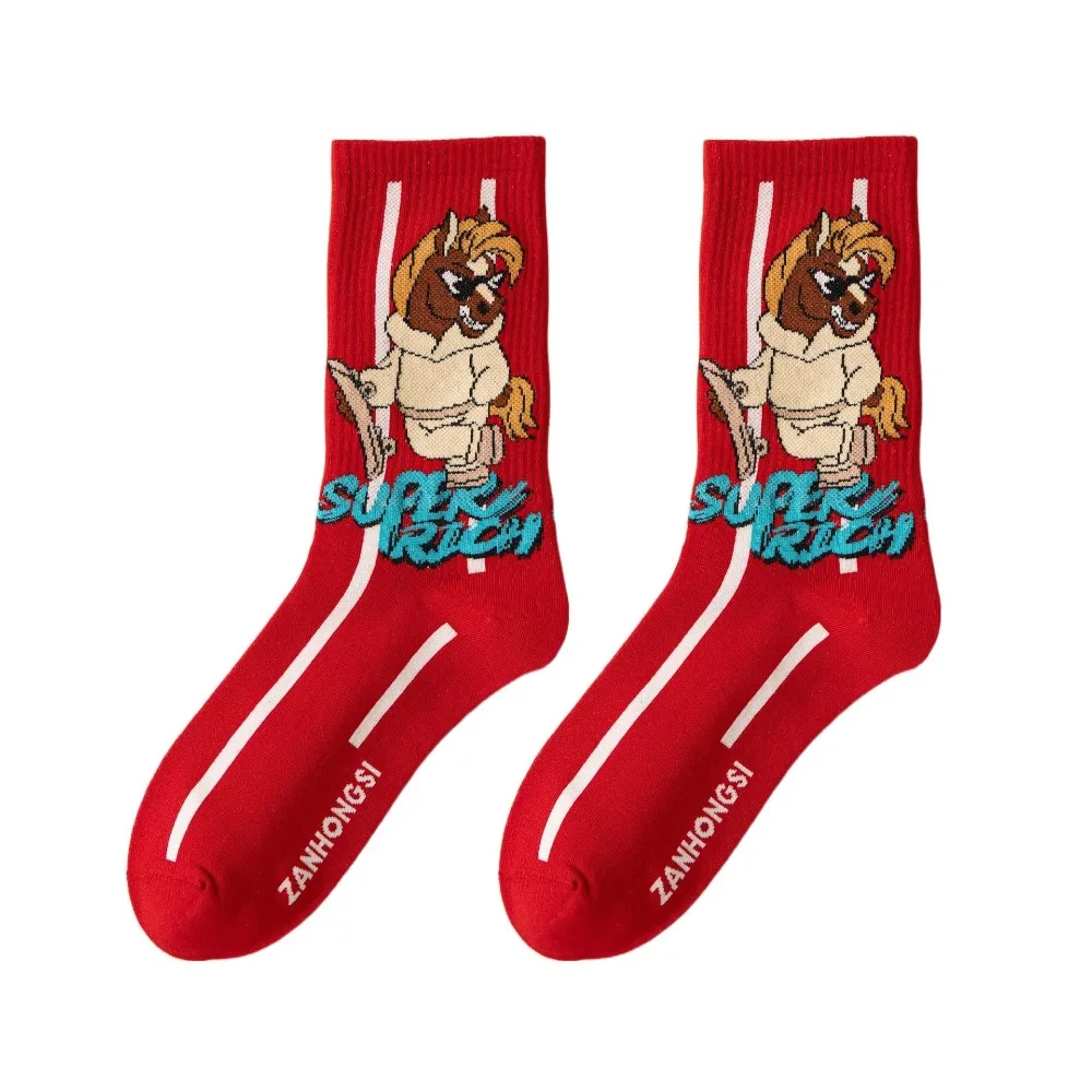

Cute Cartoon New Year Tube Socks Letter Mid Calf Zodiac Year Socks Chinese Culture Good Luck Red Cotton Socks Women