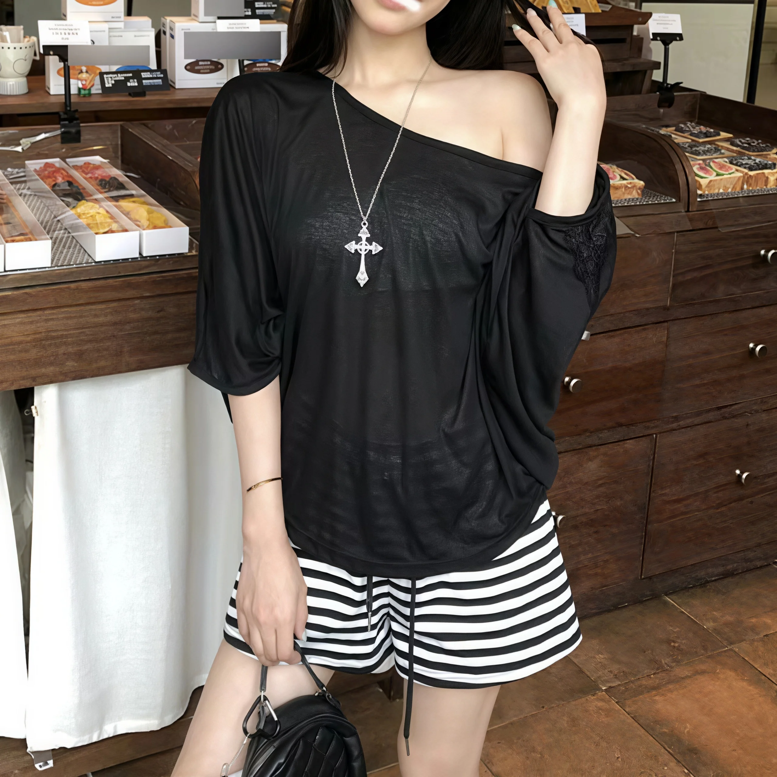 Women Off‑Shoulder Loose T‑Shirt Dolman Batwing Sleeve Lace Cuff Sheer Knit Slant Neck Casual Oversized Ladies Tops