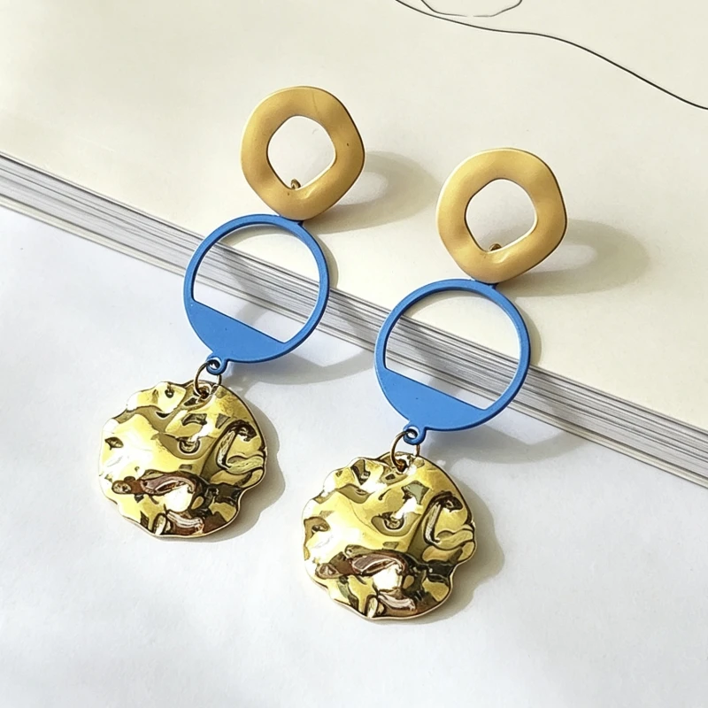 Three-layers Round Pendants Hanging Earrings for Women Hollow Blue Circle Unique Uneven Round Piece Dangle Earrings Boho Jewelry