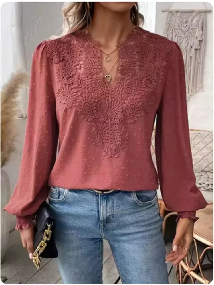 Lace V-neck Long Sleeved Solid Color Jacquard Blouse Women's Sexy T-shirt Elegant Autumn Top