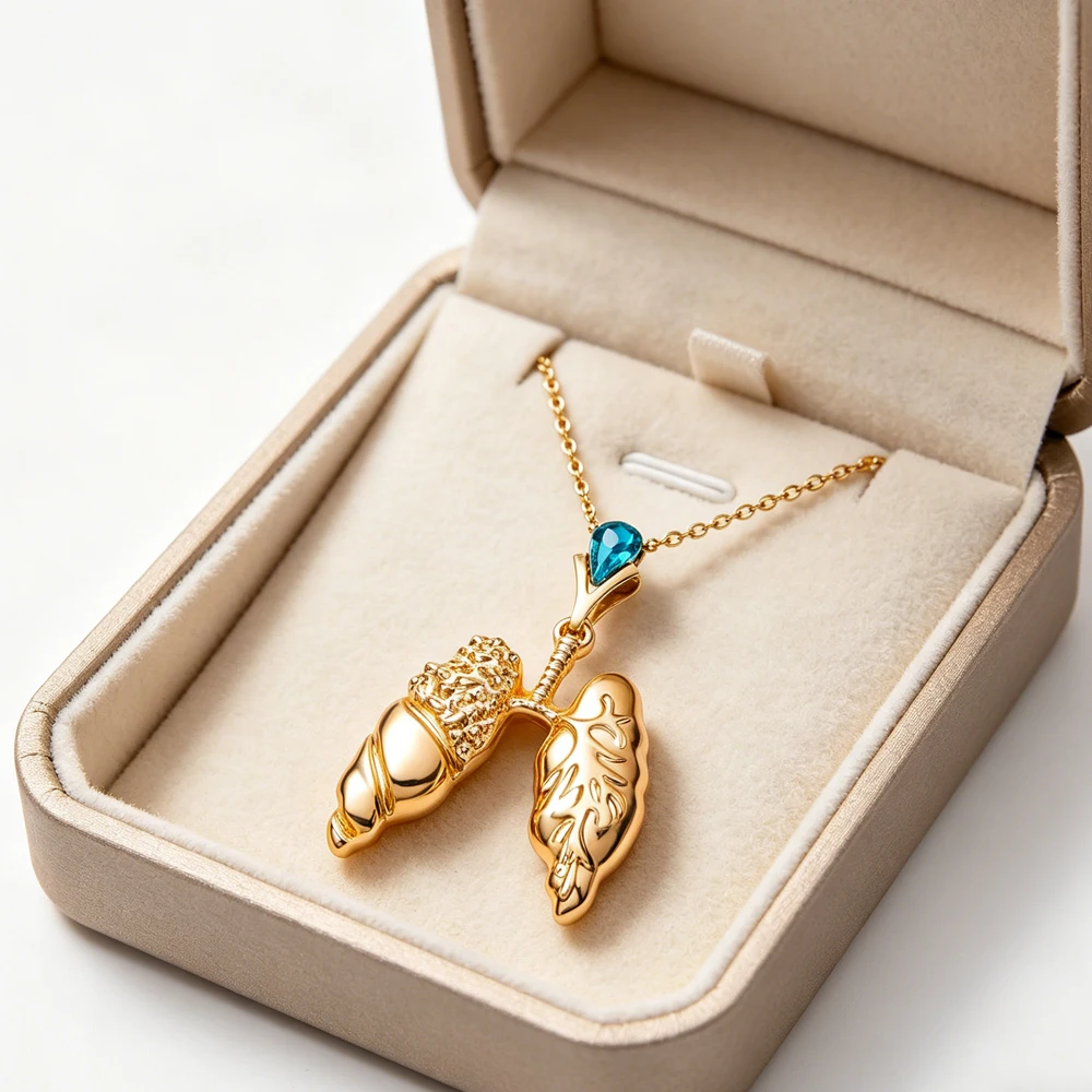 Catuni Hot Sale Lung Anatomy Pendant Necklace Blue Crystal Inlaid Medical Accessory Fashionable Gift For Nurses And Doctors