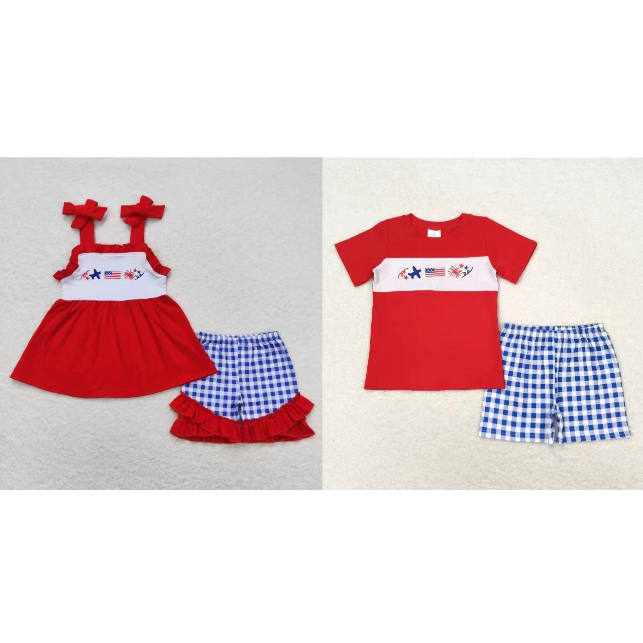 

Wholesale Kids Summer Embroidery Flag Red Tops Toddler Set Children Blue Plaid Shorts Matching Baby Boy Girl July 4th Outfit