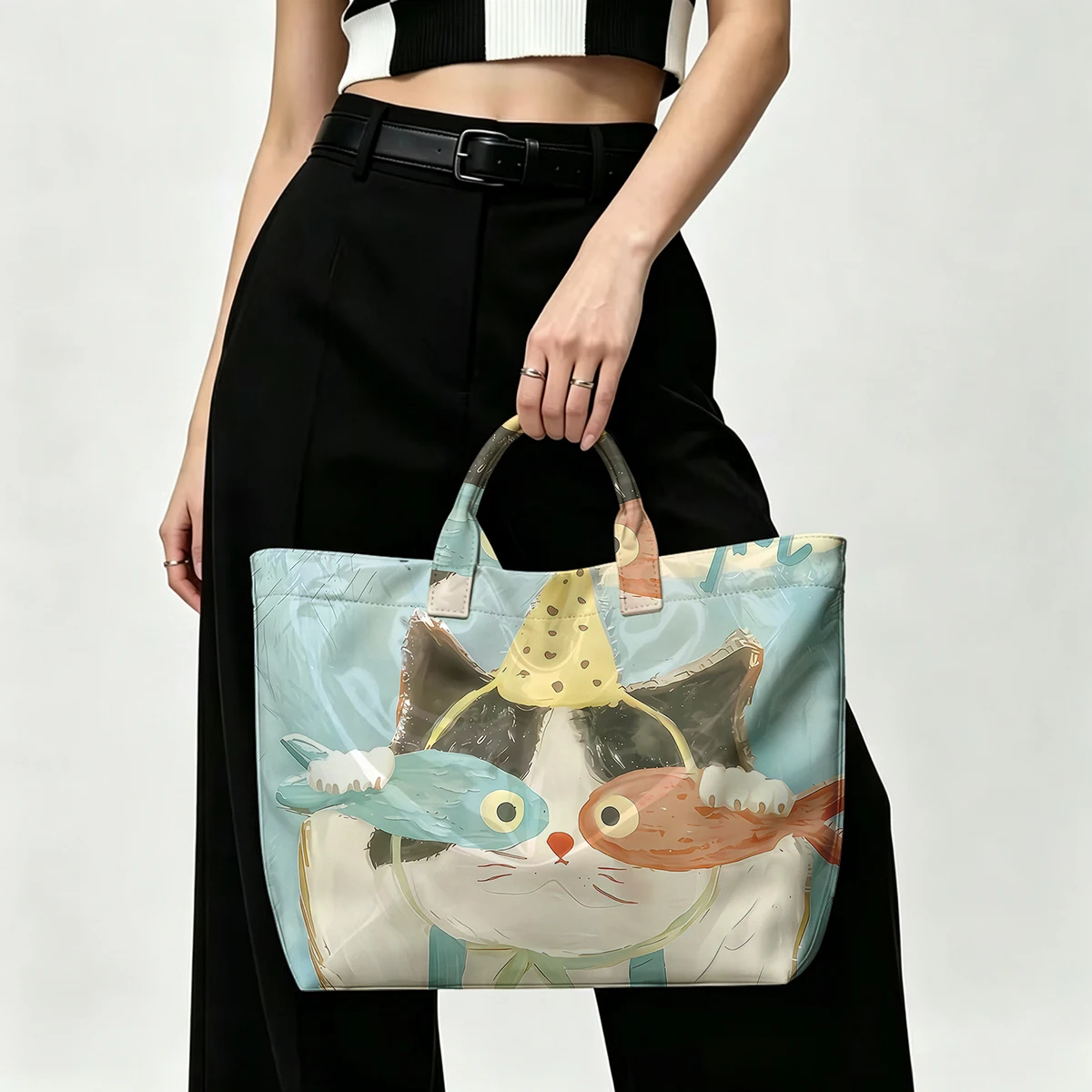 Blue cat and fish PVC Tote Bag Waterproof Transparent Jelly Bag Beach Bag Tote Pouch Bow Handbags Storage Bag
