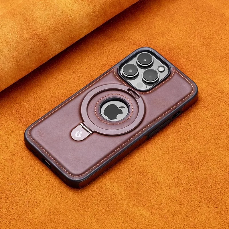 Magnetic Leather Stand Ring Case For iPhone 16 12 13 14 Plus 15 Pro Max Shockproof Hollow Logo Cover For Magsafe Wireless Charge