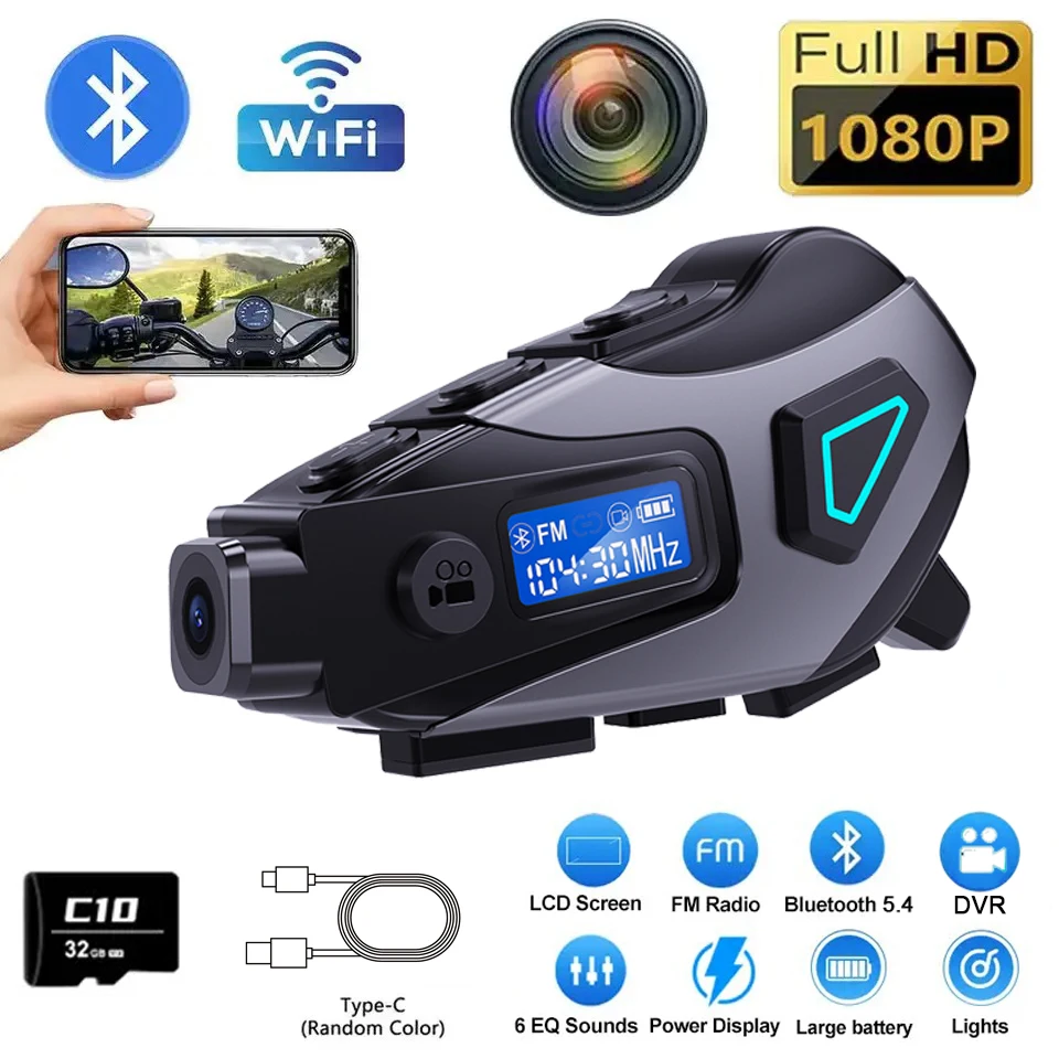 

K10 Bluetooth-гарнитура для мотоциклетного шлема 1080P HD рекордер для вождения Беспроводная камера Водонепроницаемая стерео FM-радио мотоцикл рекордер