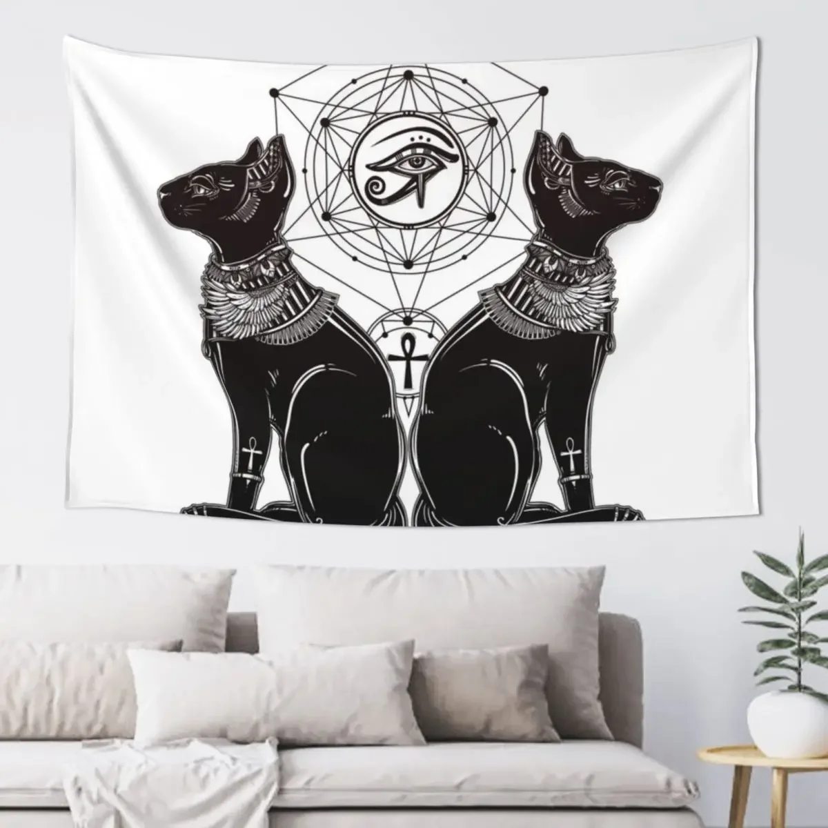 Egyptian Cats with Ankh and All-Seeing Eye of Horus Tapestry Decorative Paintings Bedrooms Decor Tapestry