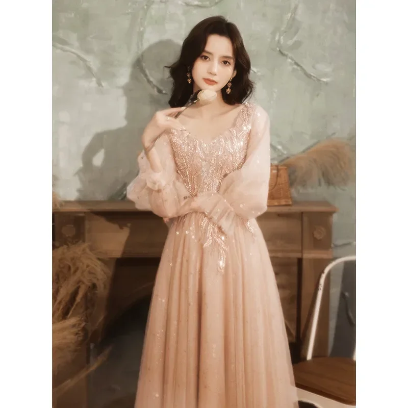 Ofallsis V neck Flare Sleeve Evening Dress Female 2023 Autumn New Host High End Banquet Style Long Sleeve Princess Pink Dresses