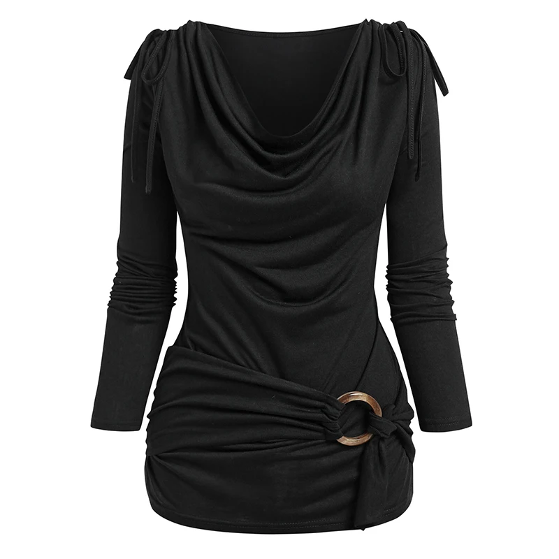 Dressfo 2024 Womens Black Shirts Tops Plain Cinched Cowl Neck Draped Long Sleeves O Ring T Shirt