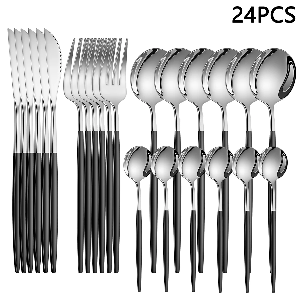 

24 шт. португальский набор столовых приборов из нержавеющей стали, включая нож, вилку, ложку, кофейную ложку; зеркальная полированная отделка; можно мыть в посудомоечной машине.