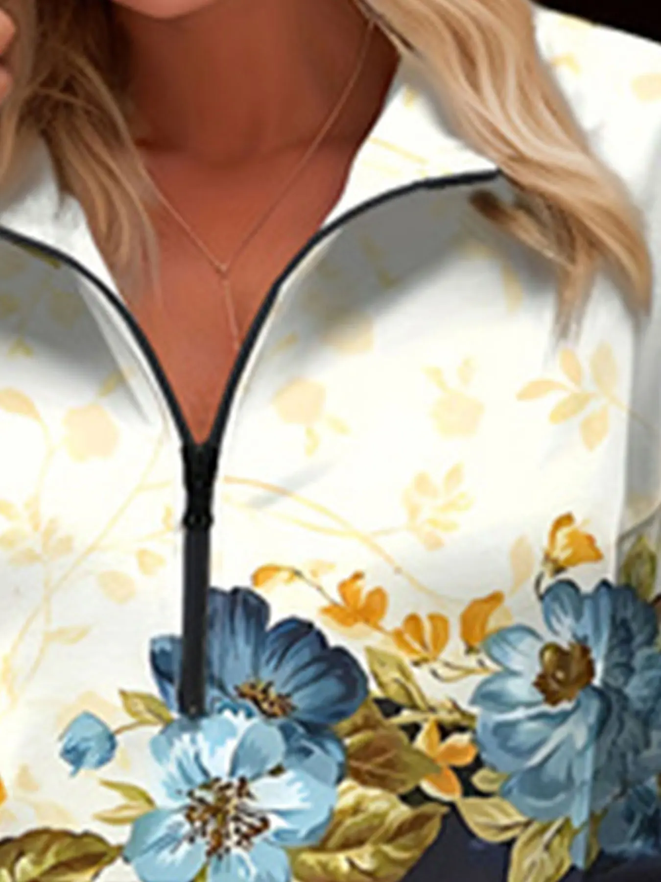 Plus Size Casual Top, Women\'s Plus Colorblock Floral Print Half Zipper Long Sleeve Mock Neck Top