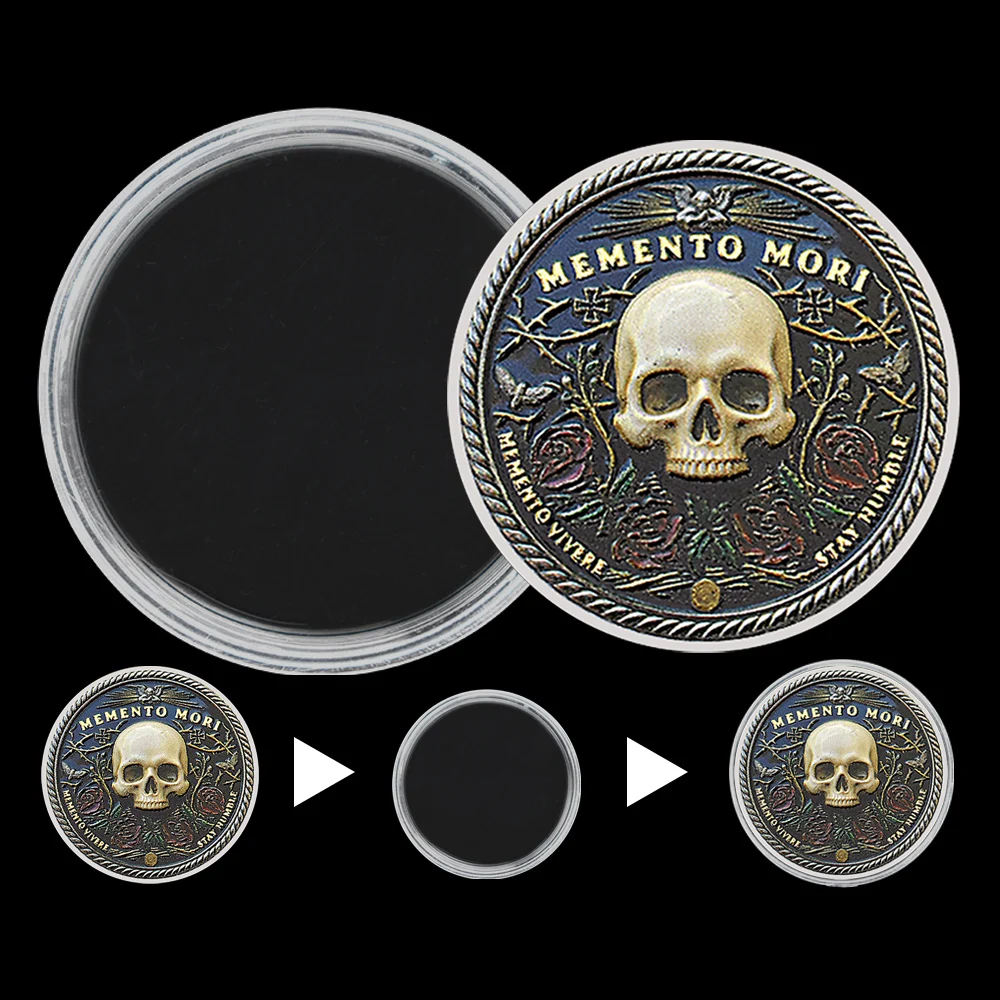 Memento Mori Skull Coin Collectible Souvenir, Limited Edition Gothic Coin, Unique Gift for Collectors and Dark Art Fans replica view 4