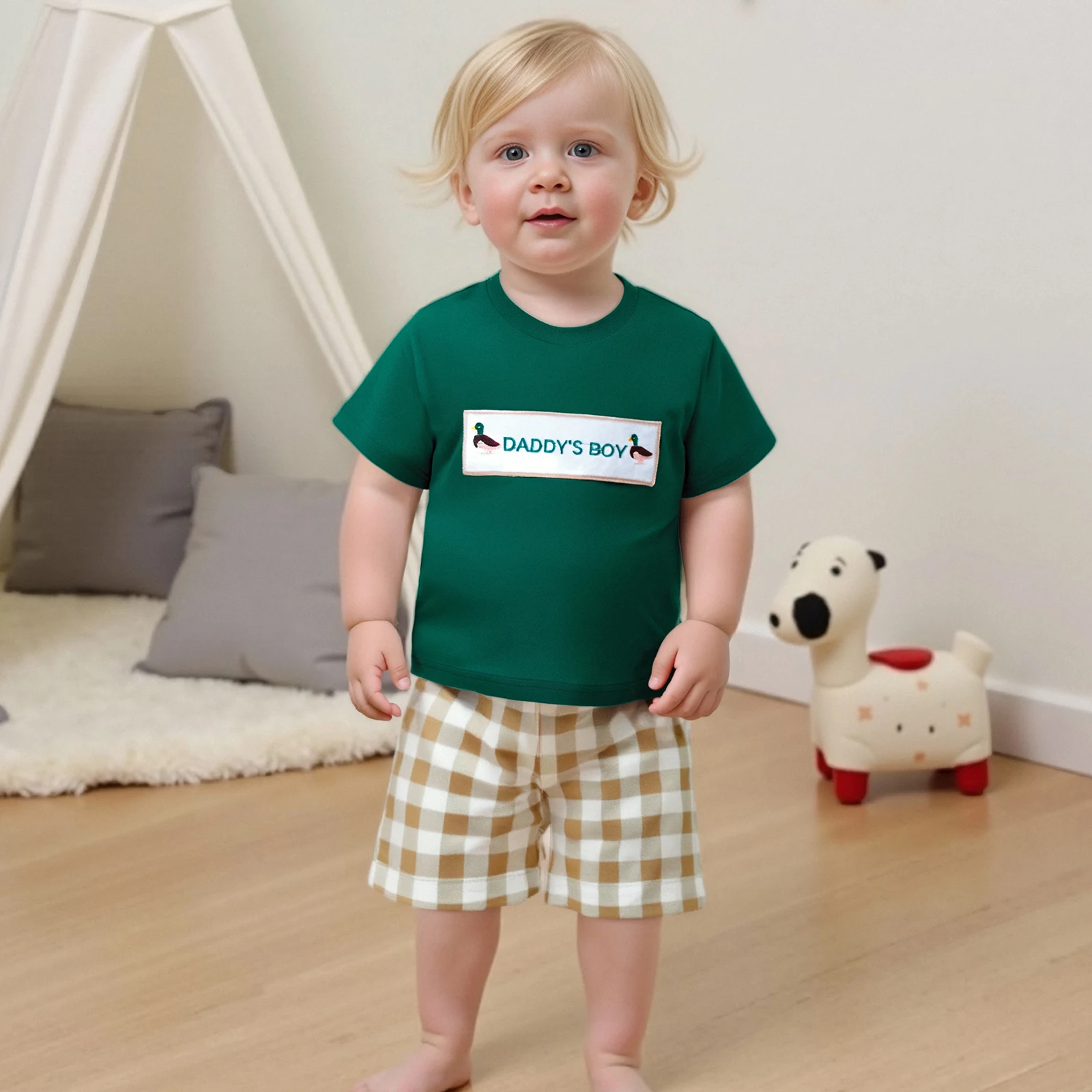

Toddler Kids Clothes Boys Summer Duck Letter Print Short Sleeve Tops Plaid/Striped Pockets Shorts Baby Clothing Sets