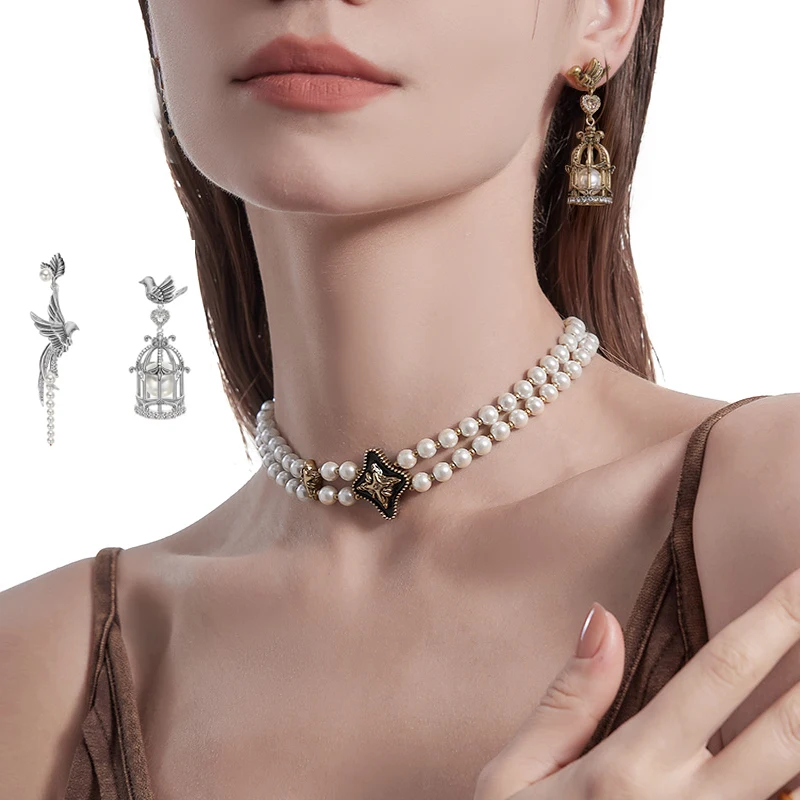 MASW Ma Xiu Pearl Star Retro Necklace Stacked Clavicle Chain Earrings