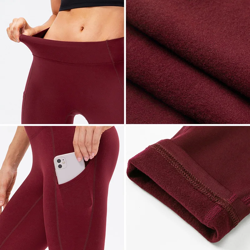 Customize LOGO Women Fleece Leggings High Waist Running Pants with Pocket Stretch Gym Fitness Bottoms Quick Dry Yoga Tights