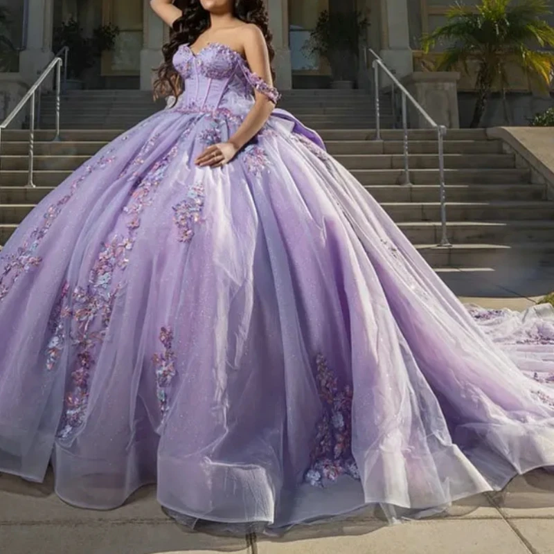 

A1539 Высокое качество лавандовые платья Quinceanera 15 16, бальное платье с аппликацией из бисера и бантом для девочек, пышное платье для выпускного вечера, дня рождения, индивидуальное