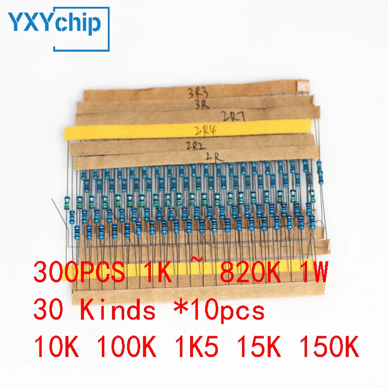 300 Stuks 1K ~ 820K 1W Metalen Film Weerstand Assortiment Kit,30 Soorten * 10 Stuks Diy Elektronische 1% Set Van Weerstand 10K 100K 1 K5 15K 150K