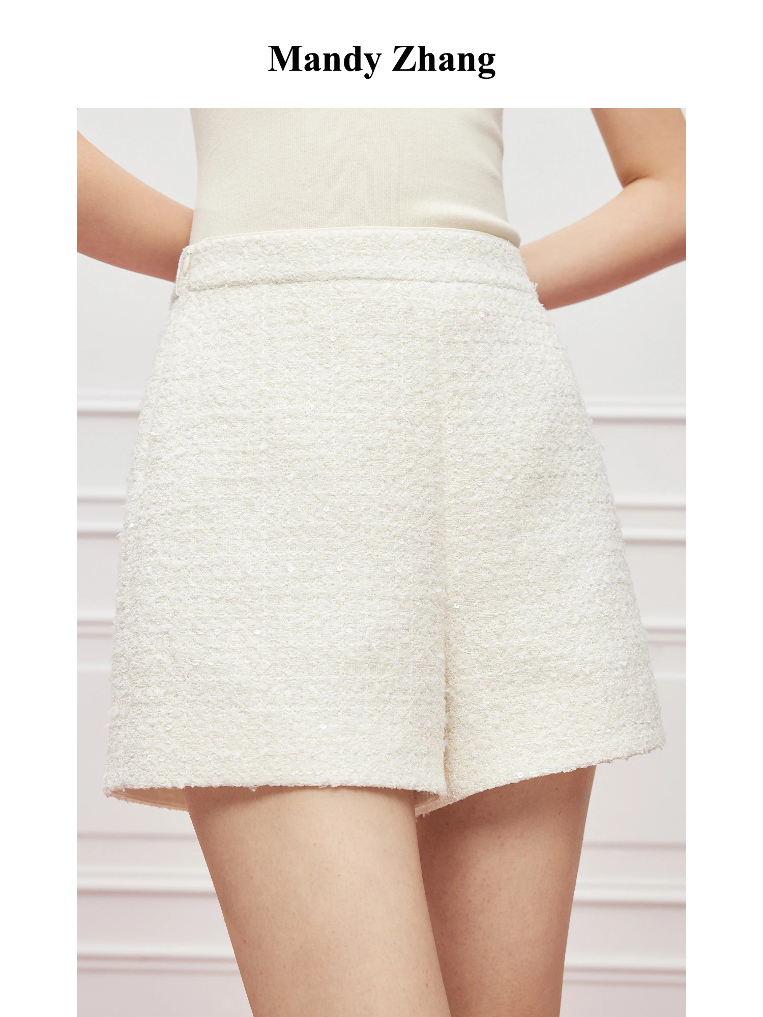 

MandyZhang White Shiny Sequin Tweed A-Line Shorts Women's High Waist Slimming Commute Spring Season Elegant Straight Leg Pants