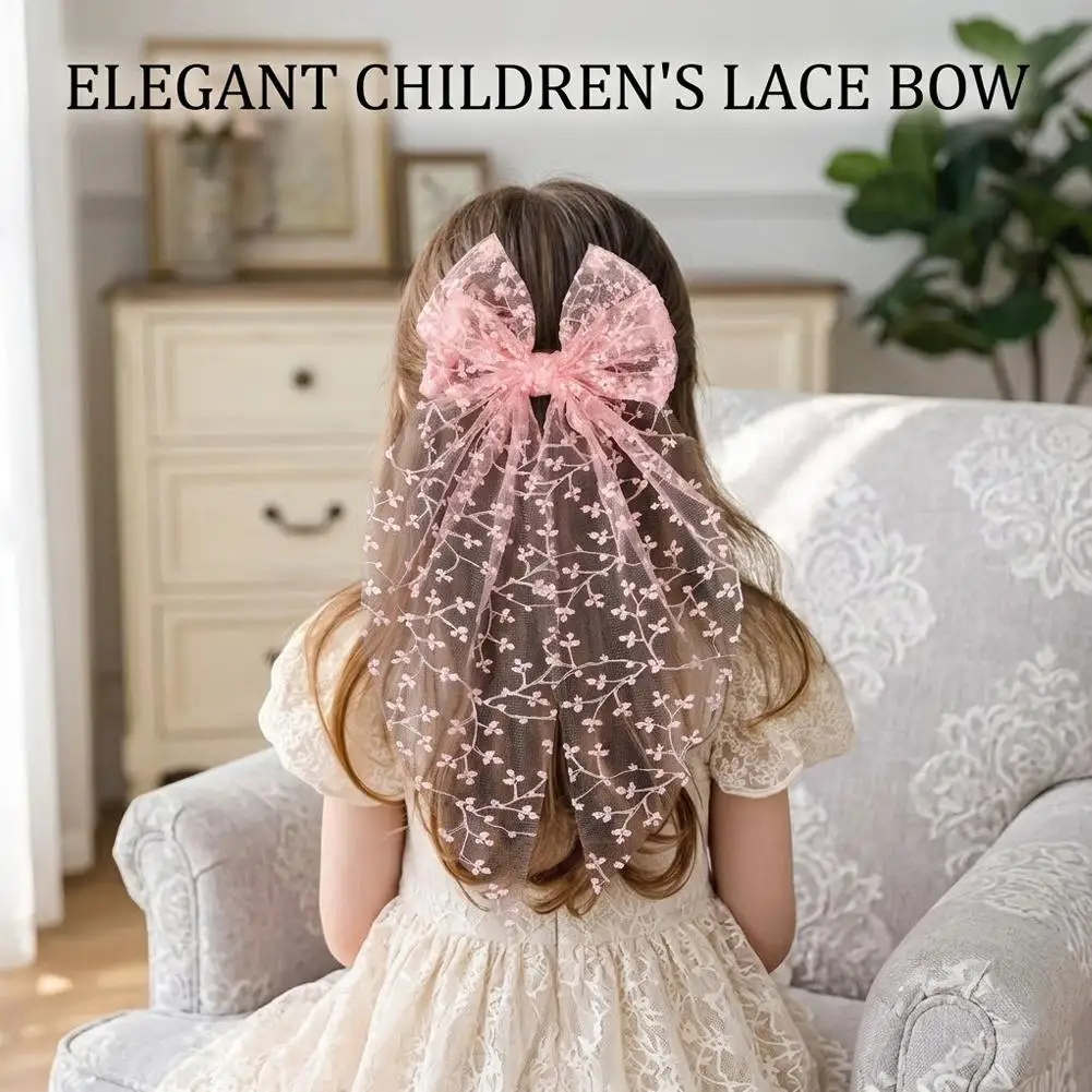 Large Mesh Lace Bow Clips for Girls, Lovely Princess Lace Bowknots with Long Tails Hair Barrettes for Wedding Birthday Party