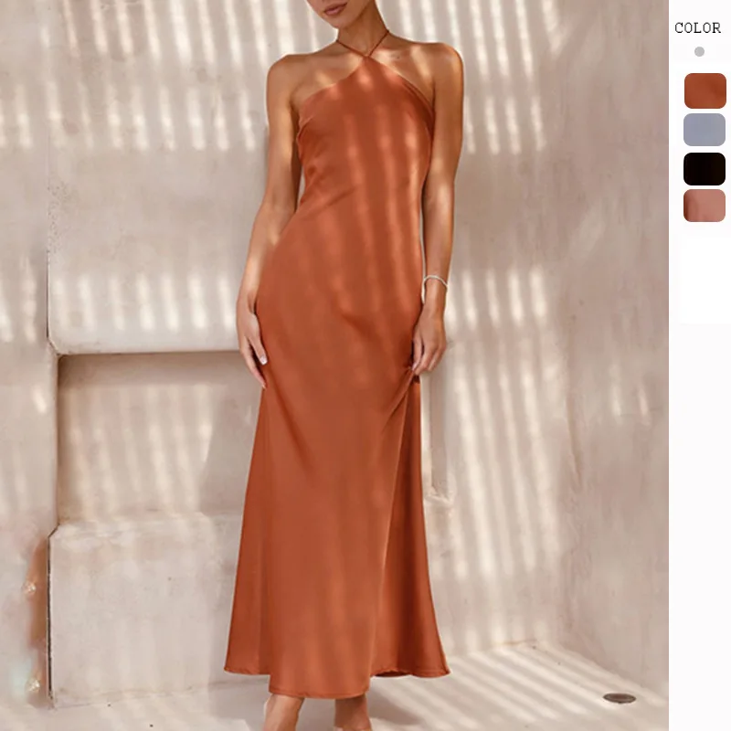2026 Sommer Satin Neckholder Maxikleid für Damen – Elegantes rückenfreies ärmelloses langes Kleid für Freizeit, Party, Hochzeit, Y2K-Stil
