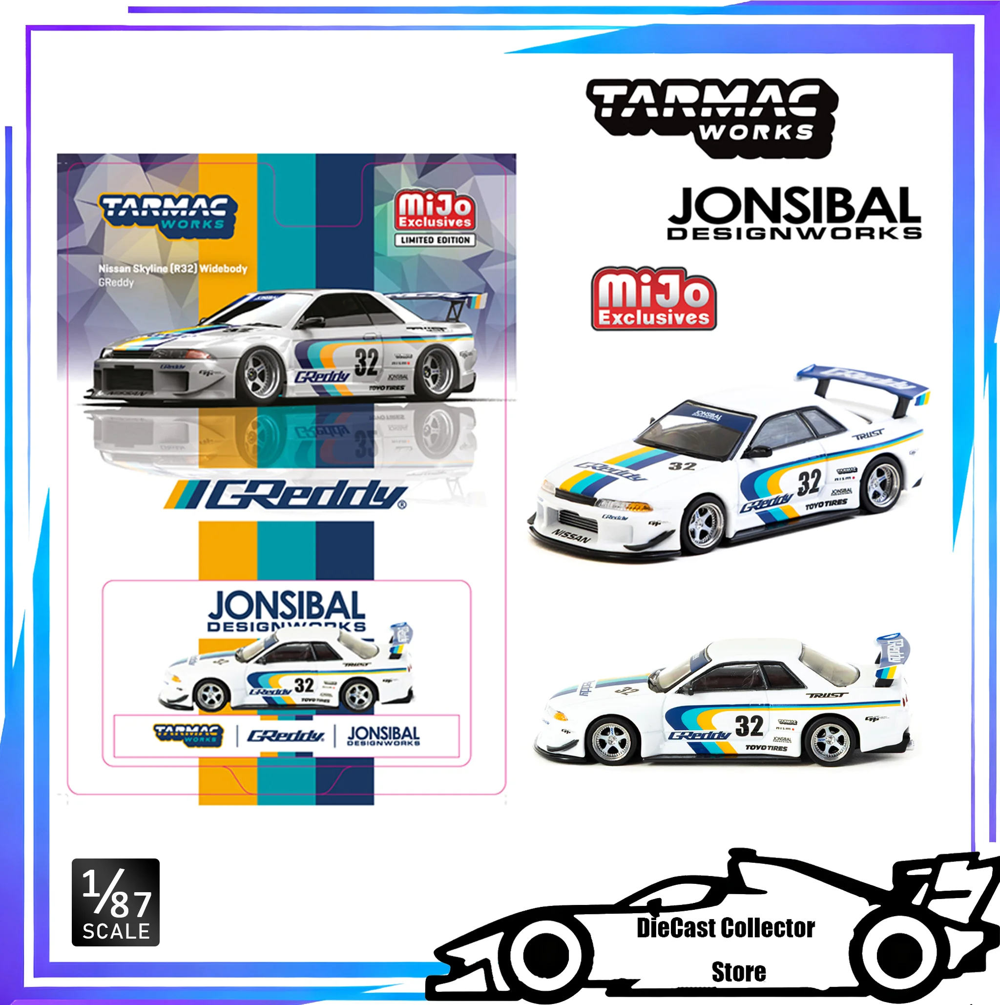 

Tarmac X Mijo 1:64 NISSAN SKYLINE GT-R R32 Widebody Jonsibal Designworks Greddy Limited Edition Модель автомобиля Aolly Игрушка