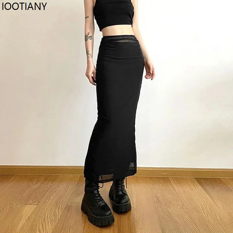 Y2k Black Mesh Long Skirt Female Harajuku Sexy Mesh Splicing Wrap Skirt Summer Gothic Style Korean High Waist Slim A-line Skirt