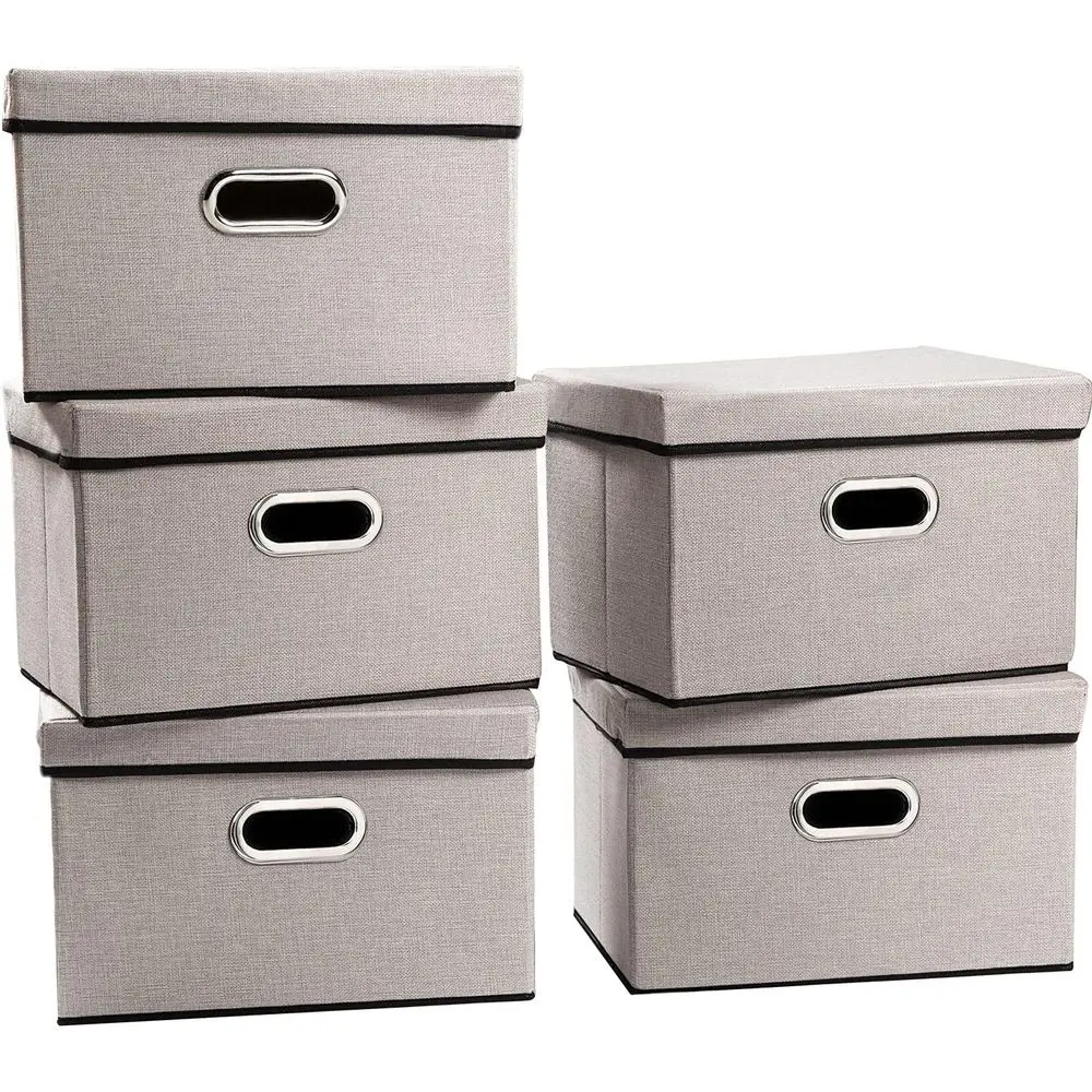 

Складной контейнер для хранения с крышкой [5 шт.] из льняной ткани, декоративный органайзер-корзина-куб с ручками и разделителями