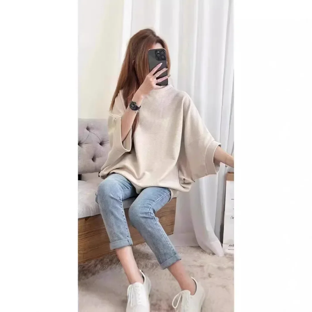 Autumn Women T-Shirt Cotton Color-Block Crew Neck Sweatshirt Slim Fit Top T-Shirt Casual Loose Batwing Sleeve Plus Size T-Shirt