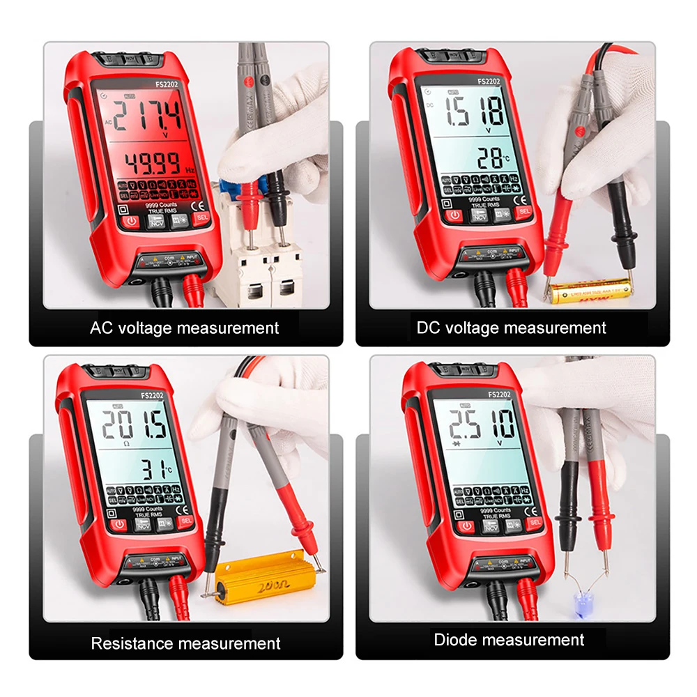 FS2201/2202 Tester Auto zakres cyfrowy multimetr 9999 zlicza TRMS woltomierz AC DC amp NCV odporność pojemność Temp tranzystor