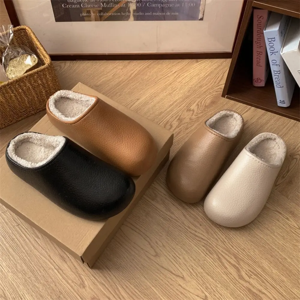 

36-41 Women's Plush Slippers Anti-slip Solid Color Winter House Shoes Leather Pattern Fleece Lined Women's Home Slippers